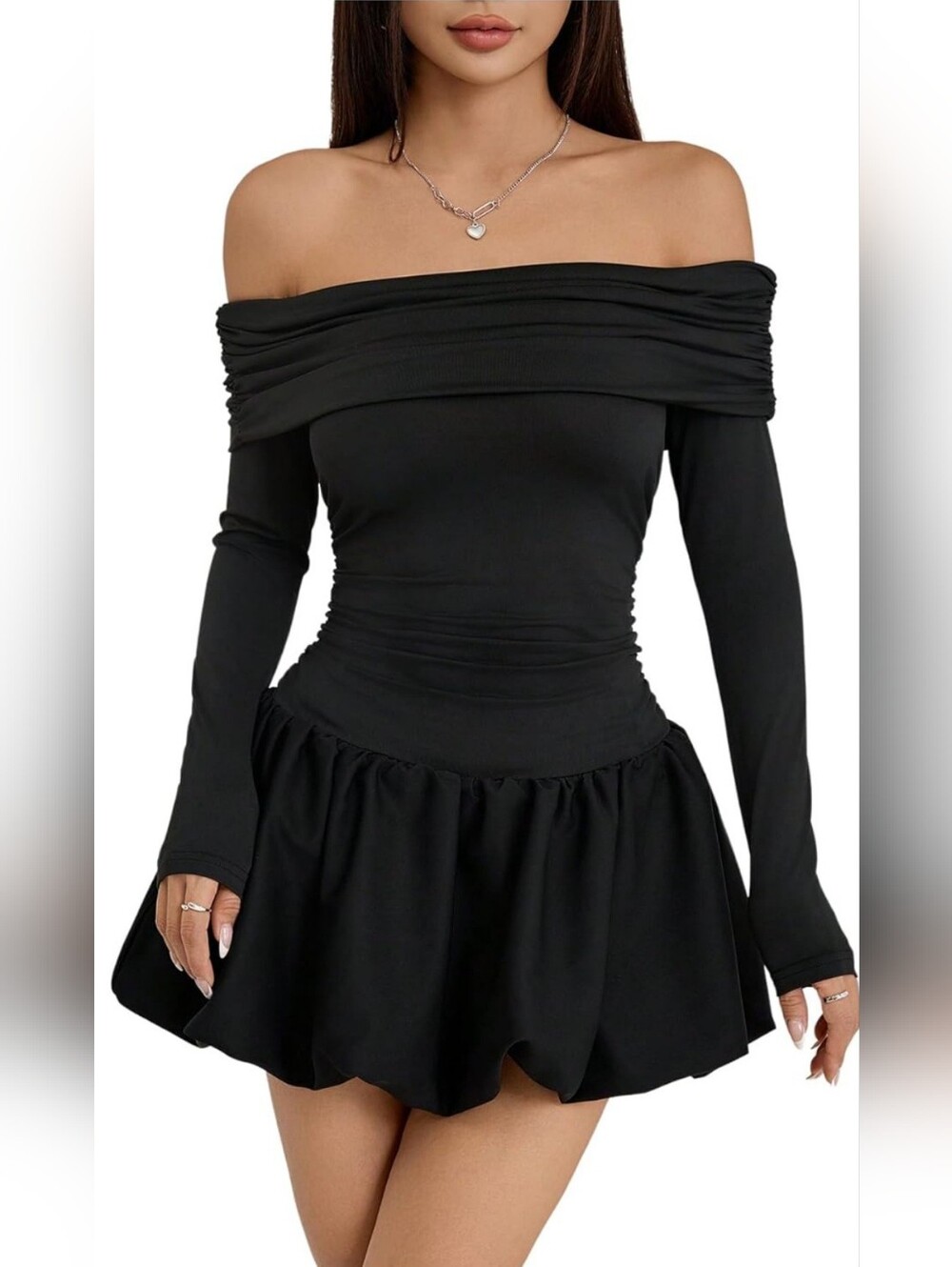 Black Off Shoulder Long Sleeve Bubble Hem‎ Mini Dress Size Medium